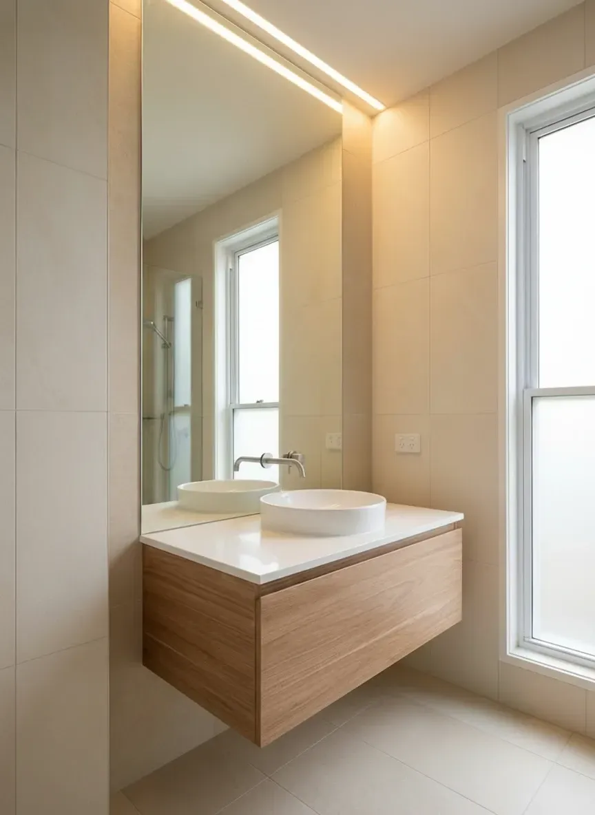 Frameless vanity mirror custom sized for Bulimba apartment bathroom