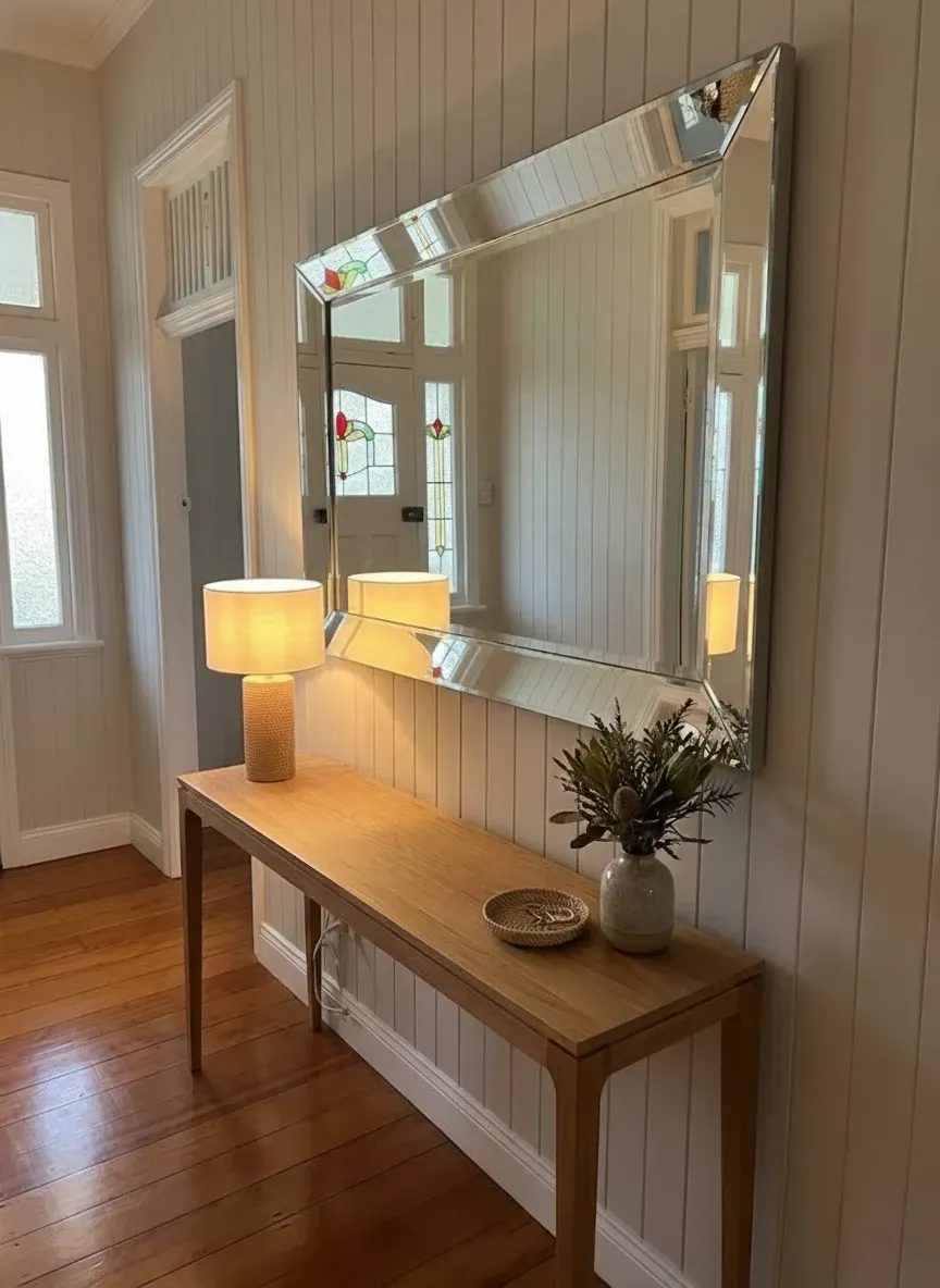 Bevelled edge mirror detail with light-catching finish in Bulimba home