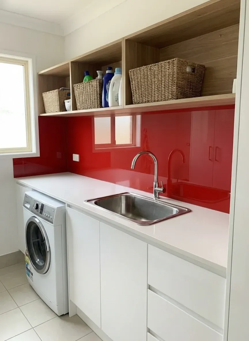 “Laundry glass splashback bulimba with durable grout-free surface and easy clean finish