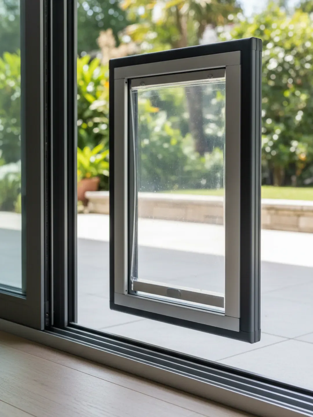 Heavy-duty dog door installed into a glass panel with strong aluminium frame and weather seals
