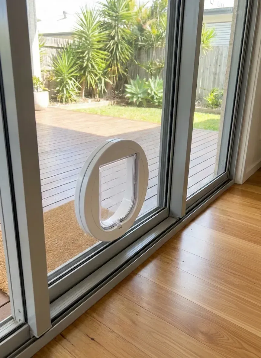 Compact cat flap installed into glass with slim profile and secure locking option